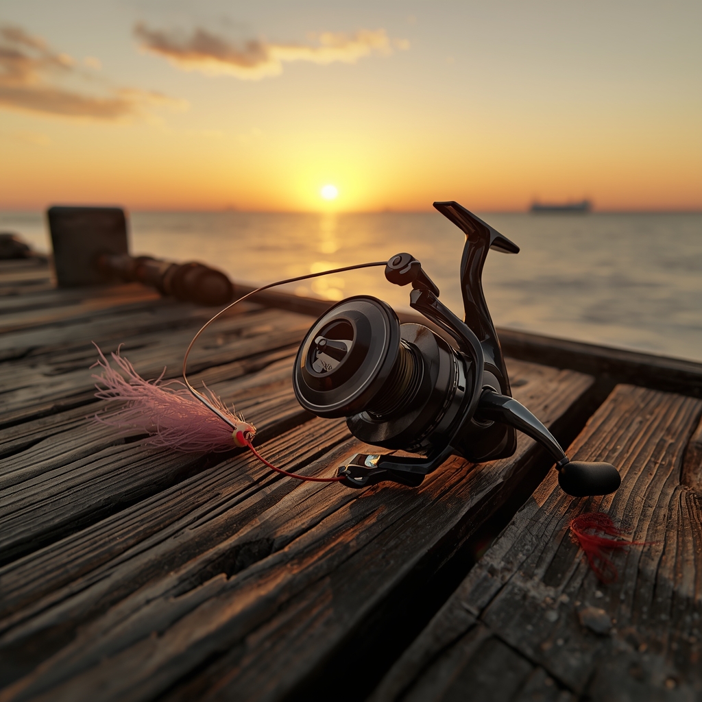 A hyper-realistic close-up of a vintage fishing reel and lure resting on a weathered wooden dock at sunset, golden hour lighting, 8k resolution, no people